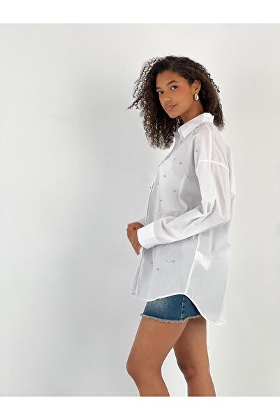 Miss Poem Γυναικείο λευκό πουκάμισο με λεπτομέρεια από λαμπερή πέτρα