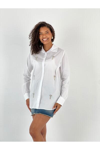 Miss Poem Γυναικείο λευκό πουκάμισο με λεπτομέρεια από διαμάντια