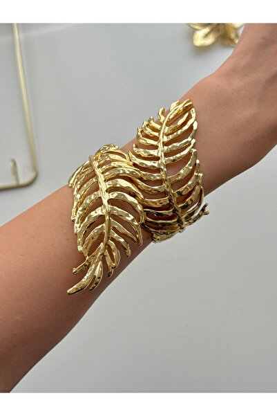 YOUES JEWELRY Çelik Yaprak Model Kalın Kelepçe Bilezik Kadın Bileklik Gold
