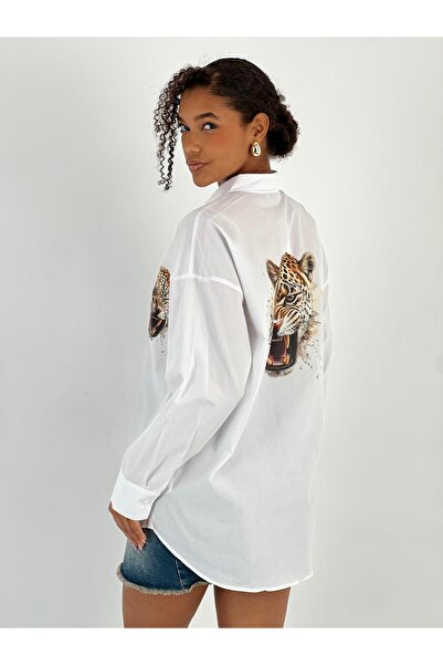 Miss Poem Women's Front Back Leopard Printed White Shirt