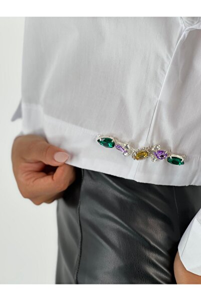 Miss Poem Women's Side Diamond Stone Detailed Crop White Shirt