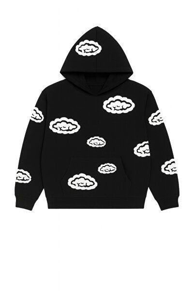 CLASSY.MODA Унісекс-светр з капюшоном, 3 нитки, кишені-кенгуру, вільний крій, принт з хмарним візерунком