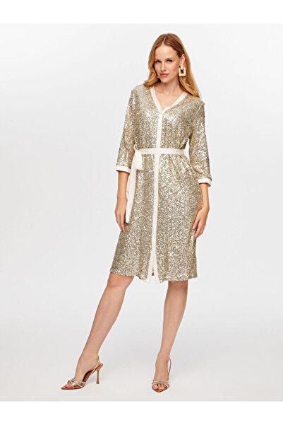 Faik Sönmez Payet İşli V Yaka 3/4 Kol Abiye Gömlek Elbise W26ABY009
