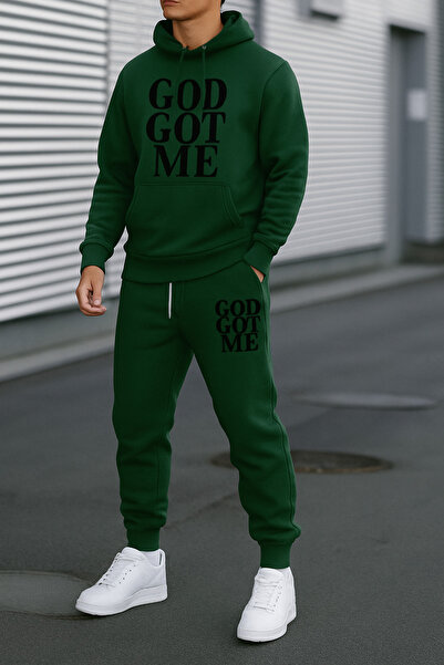 CLASSY.MODA Σετ αθλητικής φόρμας Unisex με 3 κλωστές – Τσέπη καγκουρό με κουκούλα με στάμπα με κείμενο GOD GOT ME