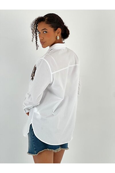 Miss Poem Women's Leopard Print Hidden Button White Shirt