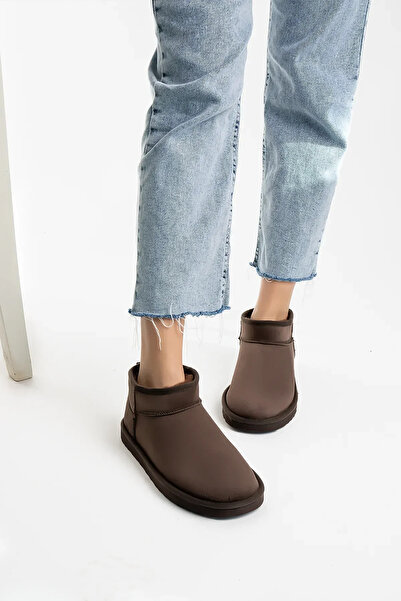 Morlex Kadın Acı Kahve Süet Muadil Bot Ultra Mini Süet Bot İçi Kürklü Kışlık Taban Kısa Topuklu Bot