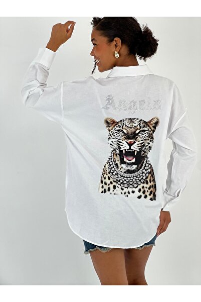 Miss Poem Women's Back Stone Leopard Printed White Shirt