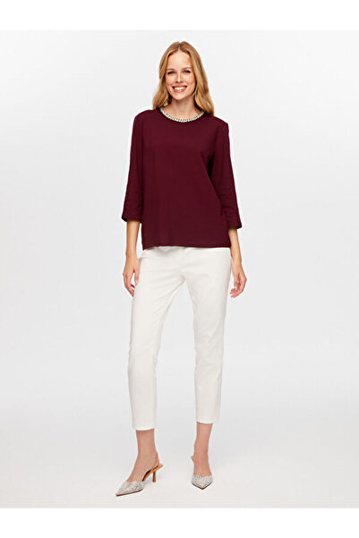 Faik Sönmez Round Neck 3/4 Sleeve T-Shirt with Stone Detail on the Collar W26Tsh072