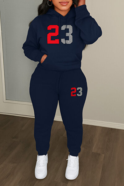 CLASSY.MODA طقم رياضي نسائي رقم 23 مطبوع يتكون من سترة بغطاء للرأس وبنطلون جوجر