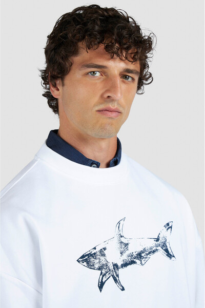 PAUL&SHARK Men's Comfortable Fit Big Shark Logo Cotton Long Sleeve White Sweatshirt 15311848-965