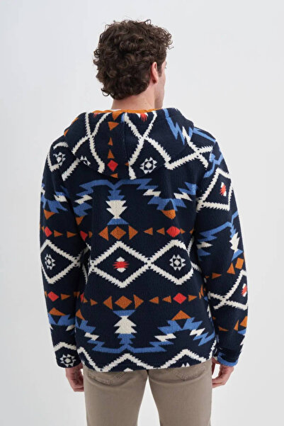 Cazador Vintage Desenli Kürklü Regular Fit Kapüşonlu Lacivert Erkek Hırka 50940