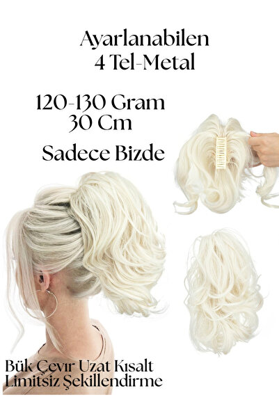 YARAT Platinyum Sari Topuz At Kuyruğu 4 Metalli Şekillendirilebilen Sentetık Saç Peruk Postış Tokalı