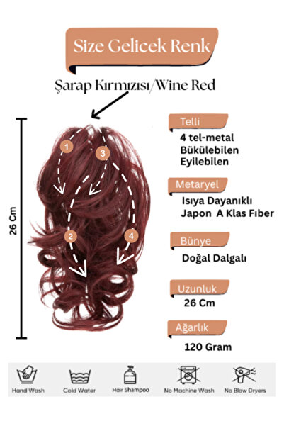 YARAT Şarap Kırmızısı Peruk Topuz At Kuyruğu 4 Metalli Şekillendirilebilen Sentetık Saç Postış Tokalı