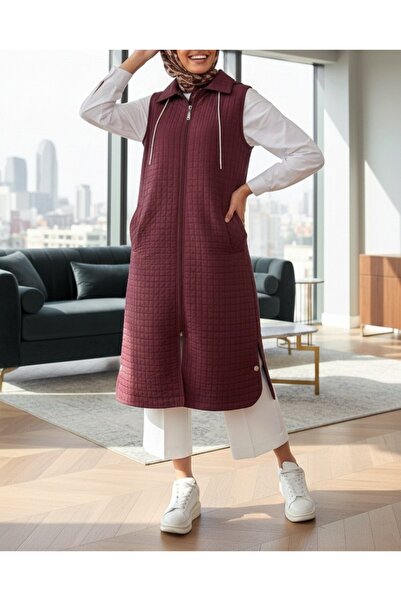 Modamorfo Long Quilted Vest with Zippered Hooded Pockets - Burgundy