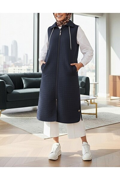 Modamorfo Long Quilted Vest with Zippered Hooded Pockets - Navy