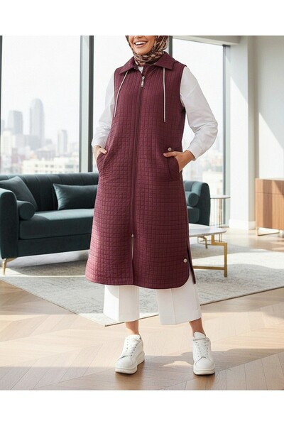 Modamorfo Long Quilted Vest with Zippered Hooded Pockets - Burgundy