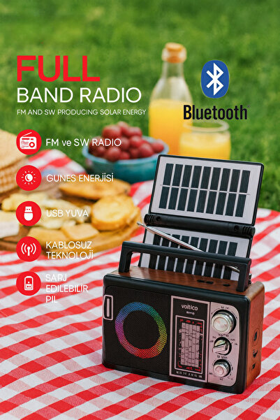 Voltico Full Band Radyo | Güneş Enerjili, USB Girişli, Bluetooth, Şarjlı ve Kablosuz Teknoloji