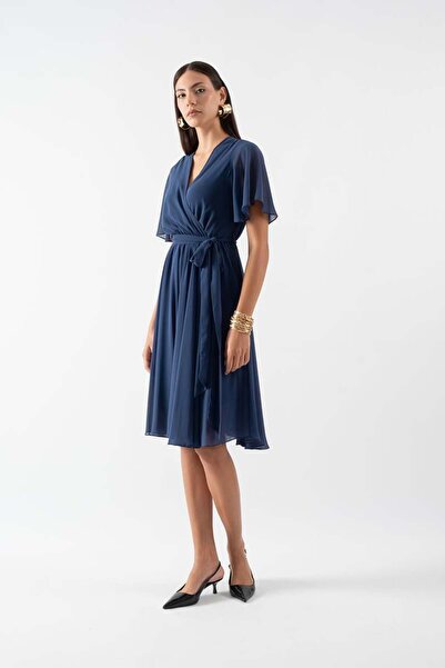 Spazio Leonello Kruvaze Şifon Elbise LACİVERT