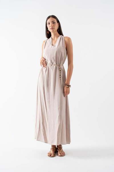 Spazio Elmaleh V Yaka İnce Kemerli Elbise BEJ