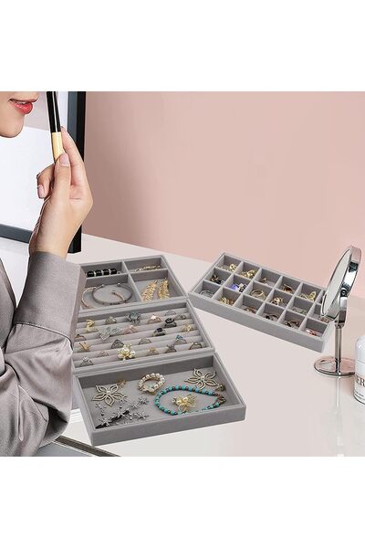 AMERTEER 4 Pc Velvet Stackable Jewelry Drawer Organizer (Grey)