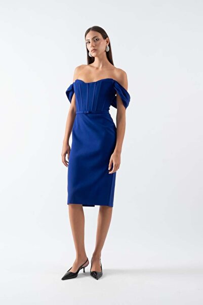 Spazio Delfa Straplez Düşük Kol Fiyonk Kemerli Kısa Abiye Elbise SAKS