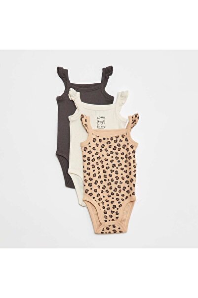 KIABI مجموعة من 3 بدلات جسم محبوكة بنقاط مع حمالات مكشكشة باللون البني