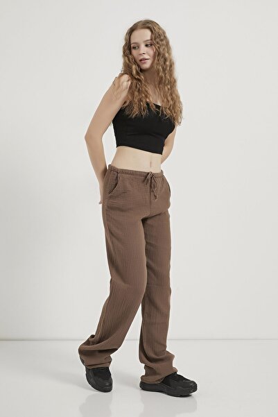 Arma Life Women's Elastic Waist Casual Brown Muslin Pants