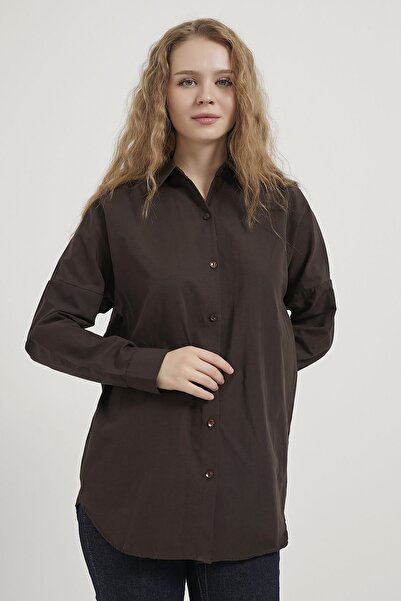 Arma Life Дамска основна риза с дълги ръкави, копчета и голям размер в цвят кафе
