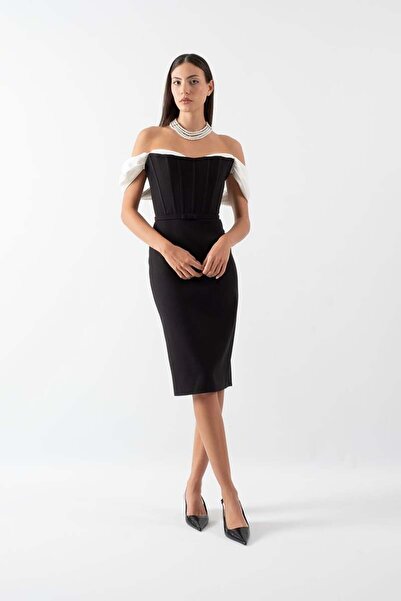 Spazio Delfa Straplez Düşük Kol Fiyonk Kemerli Kısa Abiye Elbise SİYAH