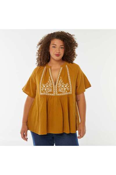 KIABI Cotton gauze blouse with embroidered neckline RED