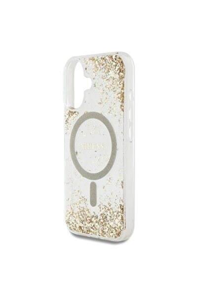 Guess Θήκη για iPhone 16, Σκληρή θήκη ρητίνης με γκλίτερ στο κάτω μέρος MagSafe, - Χρυσή