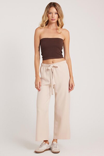 Tudors Women's Relax Fit Comfortable Cut Elastic Waist Tie Wide Leg Light Beige Trousers