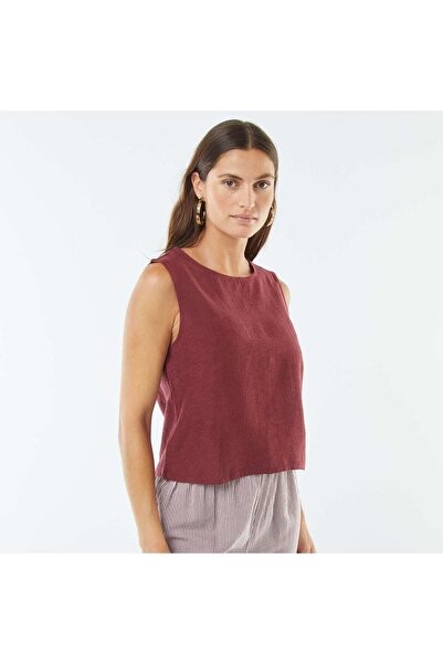 KIABI Cropped linen-blend sleeveless blouse RED