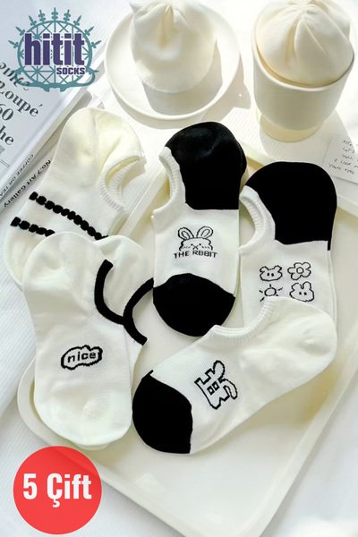 Hitit Socks Women's 5 Pairs Premium Cartoon and Letter Pattern High Cotton Invisible Ballerina Socks