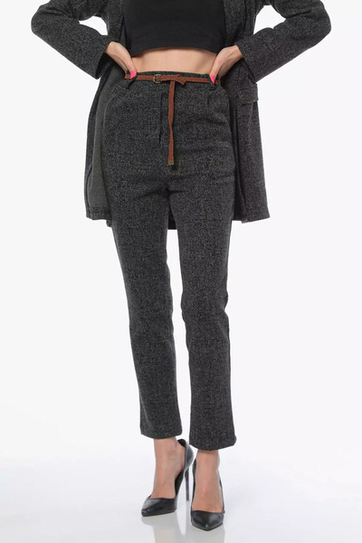 Zehra Gül Haki Kadın Yüksek Bel Kendinden Desenli Kemerli Kışlık Pantolon