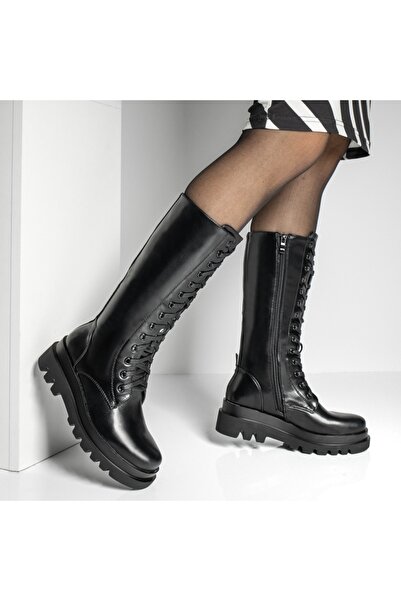 BMoD Ghete lungi negre pentru femei, cu șireturi și talpă groasă MOD12910