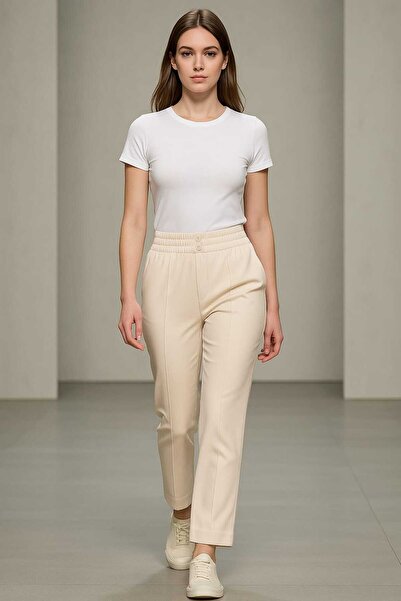 ECK MODA Kadın Krep Kumaş Pileli Beli Lastikli Pantolon