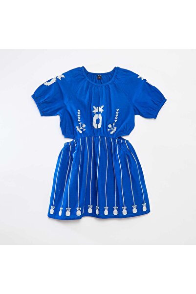 KIABI فستان مطرز بخصر مطاطي أزرق