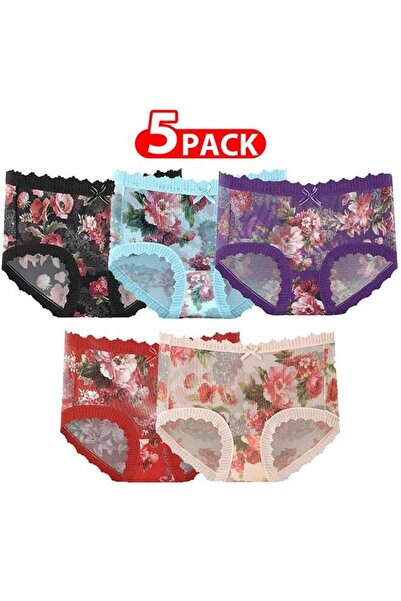 Margoun 5 Packs Ultra-thin Panties Women Lace Briefs Ice Silk Mid-Waist