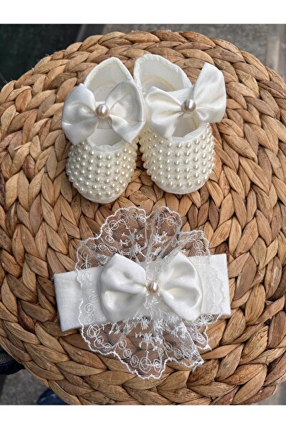 Harry&Millie Kız Bebek Fiyonk Detay Parlak Incili patik dantelli bandana set 10cm Hediyelik Patik Lüx Cırtcıtlı