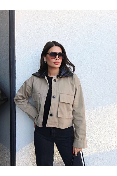 ESRAHELVACI Leather Collar Gabardine Jacket