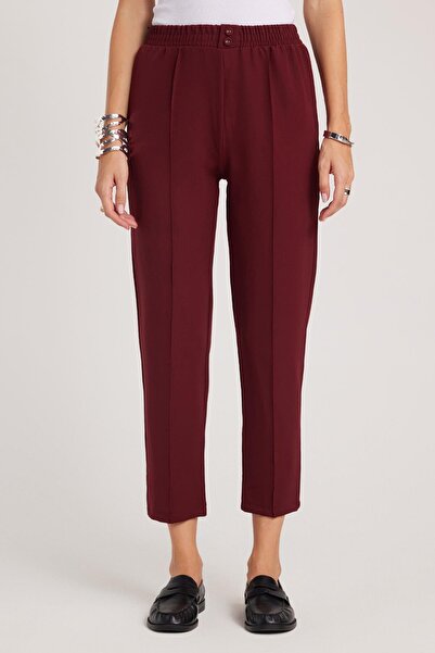 Tudors Kadın Relax Fit Rahat Kesim Yüksel Bel Düz Paça Beli Lastikli Bordo Pantolon