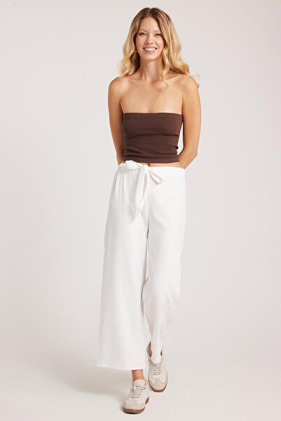 Tudors Women's Relax Fit Comfortable Cut Elastic Waist Tie Wide Leg White Pants
