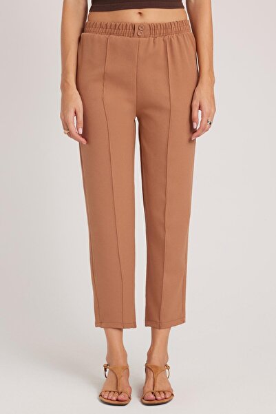 Tudors Women's Relax Fit Comfortable Cut High Waist Straight Leg Elastic Waistband Light Beige Trousers