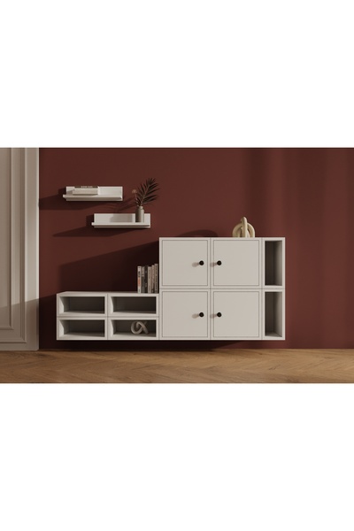 Nettrends Milano Şık ve Modern 4 Kapaklı Duvara Monte Çok Amaçlı Salon Dolabı ve Kitaplık