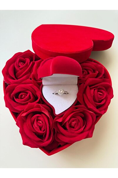 HKN AVM ACCESSORİES Kalpli Kutuda Gümüş Renk Kalp Yüzük Gül Buketi Yılbaşı Sevgililer Günü Hediyesi Advent Calendar