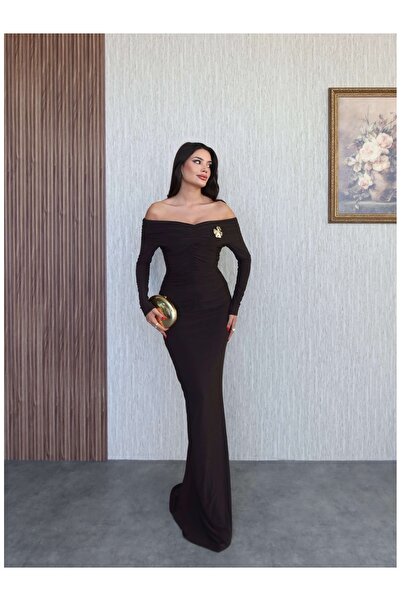 ESRAHELVACI Açık Omuz Aksesuarlı Drape Maxi Elbise