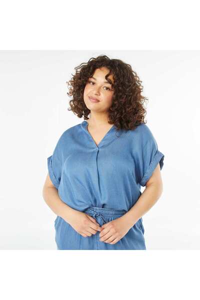 KIABI Blouse with mandarin collar and short roll-up sleeves BLUE