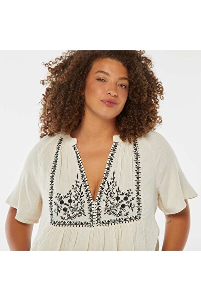 KIABI Cotton gauze blouse with embroidered neckline WHITE