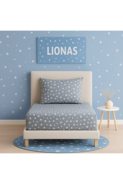 Ezgi Patterned 120 X 200 cm Medium Size Gray Star Elastic Sheet and Pillowcase